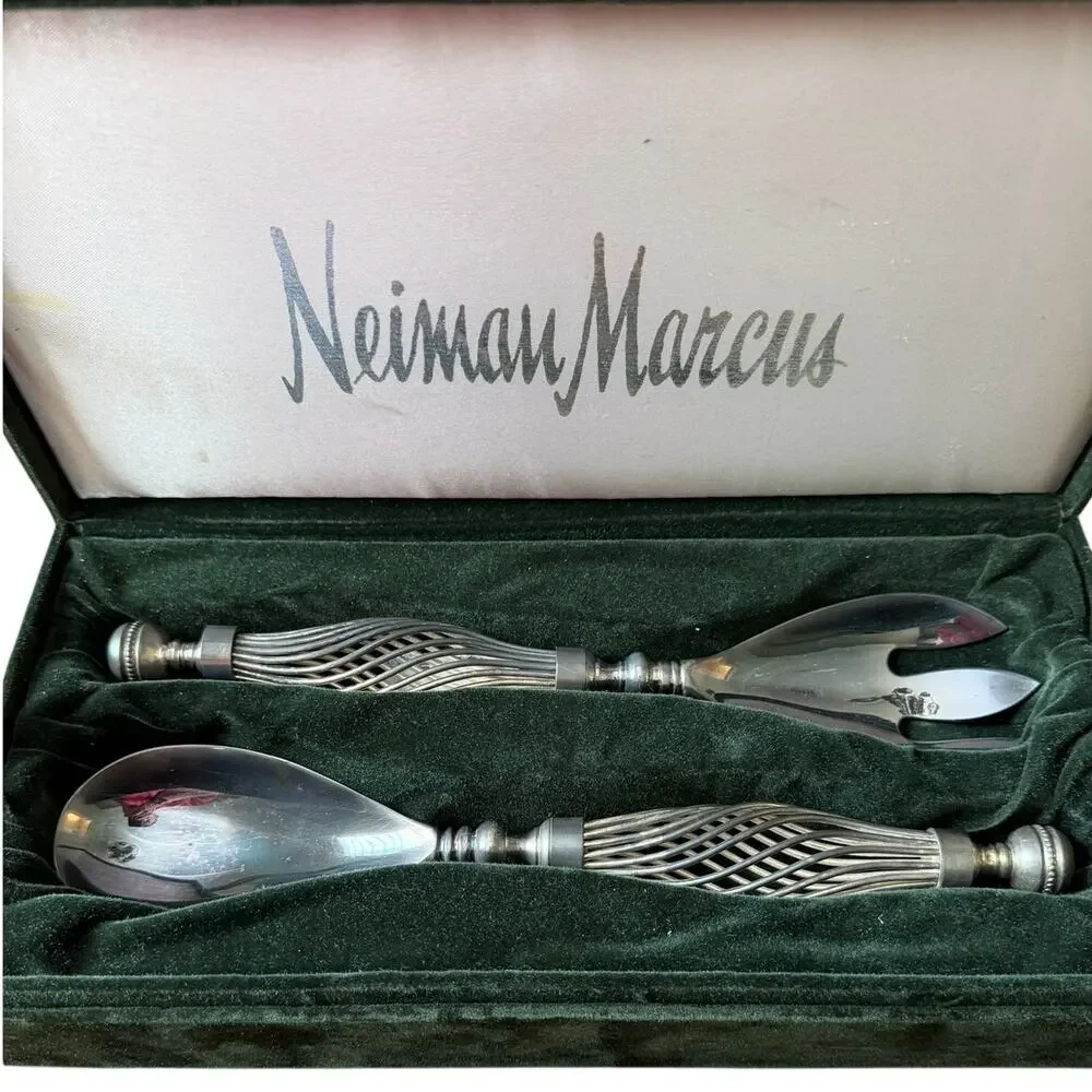 Neiman Marcus Silverplate Salad Serving Set Openwork Handles + Presentation Box